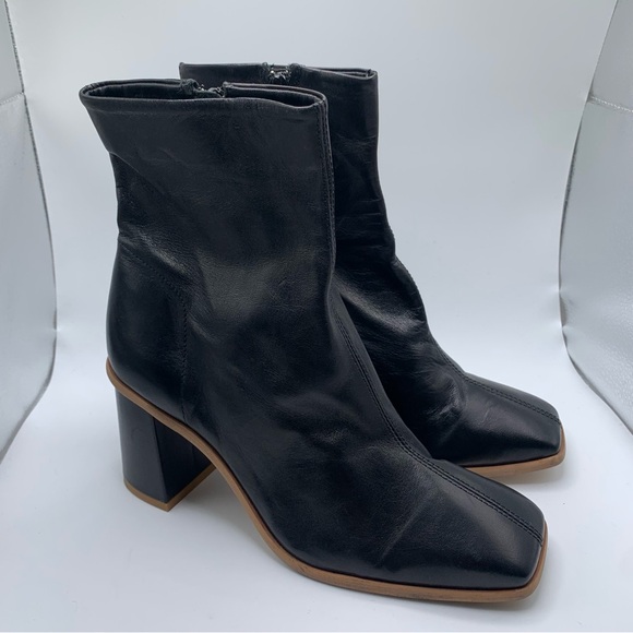Free People Sienna Ankle Boot black leather heel square toe size 37 6-6.5 1516 - Picture 4 of 10